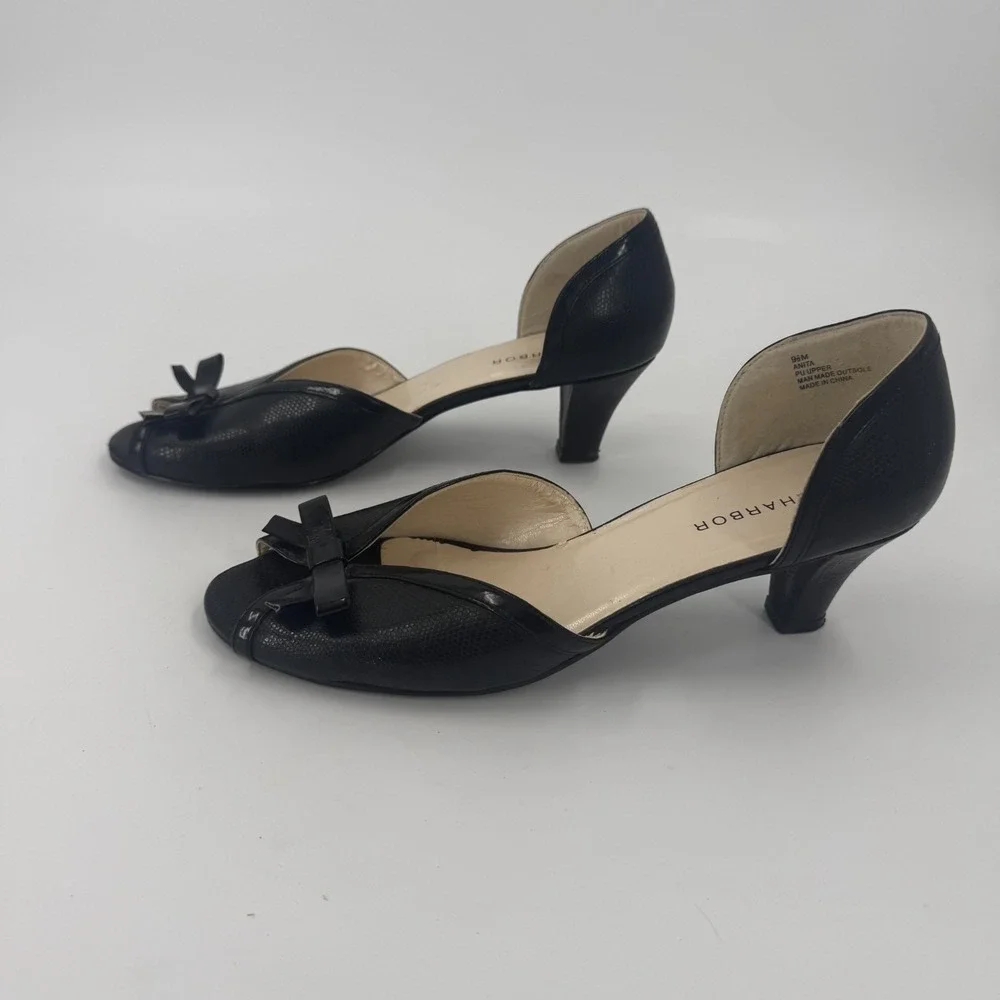 Sag Harbor Anita Heeled Sandals Womens US 9.5M Black Bow Detail Peep Toe Slip On